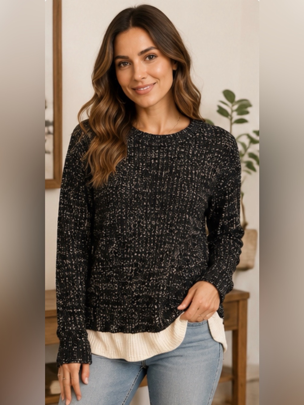 Hem & Thread Marled Layered Sweater Black Ivory Two Tone Knit Boho Small
